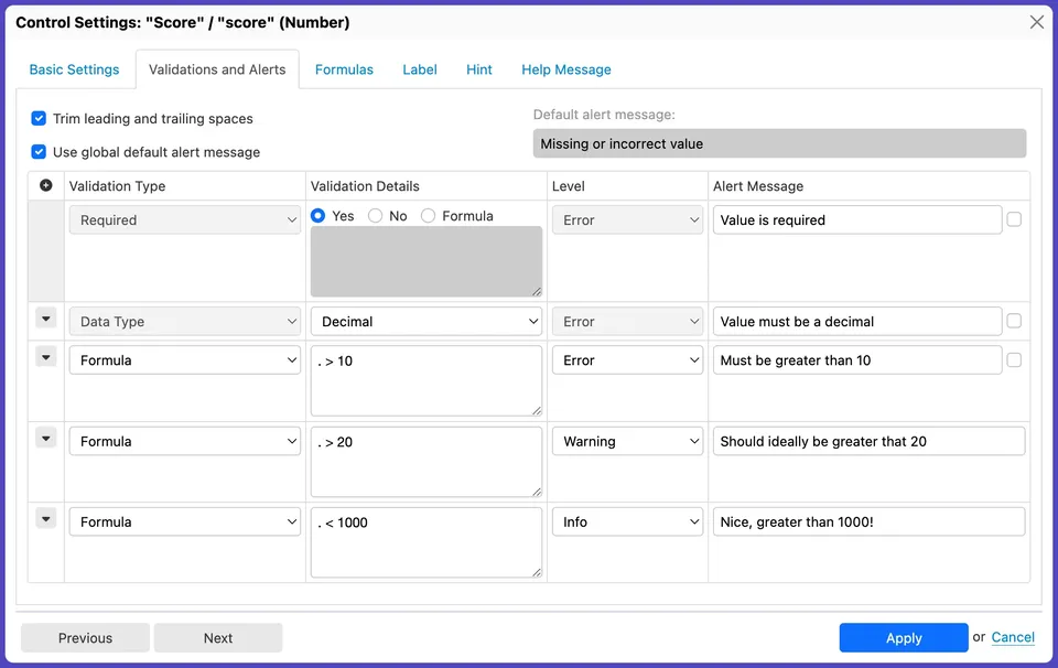 Form Builder UI to define validations