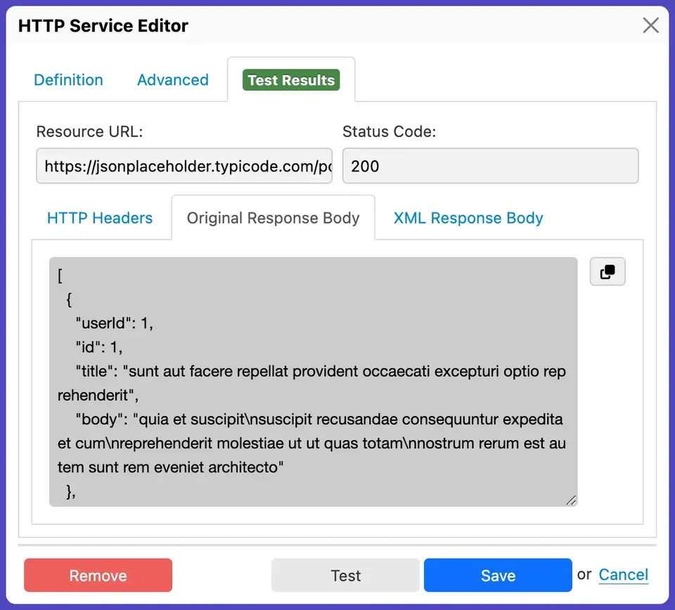 HTTP Service Editor dialog