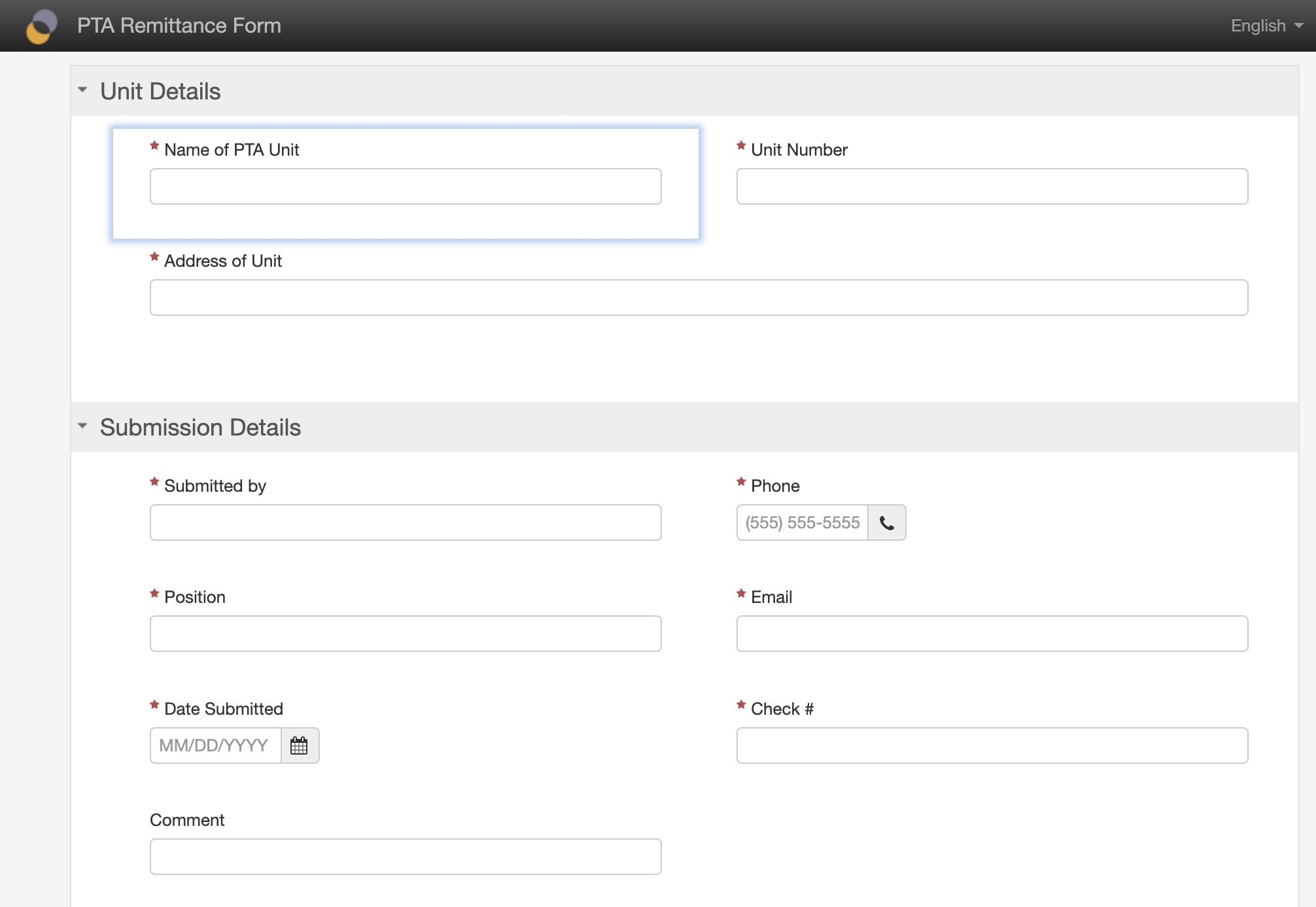 Example of form in Form Builder