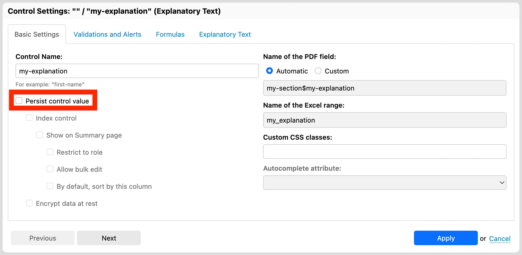 Non-persisted control setting