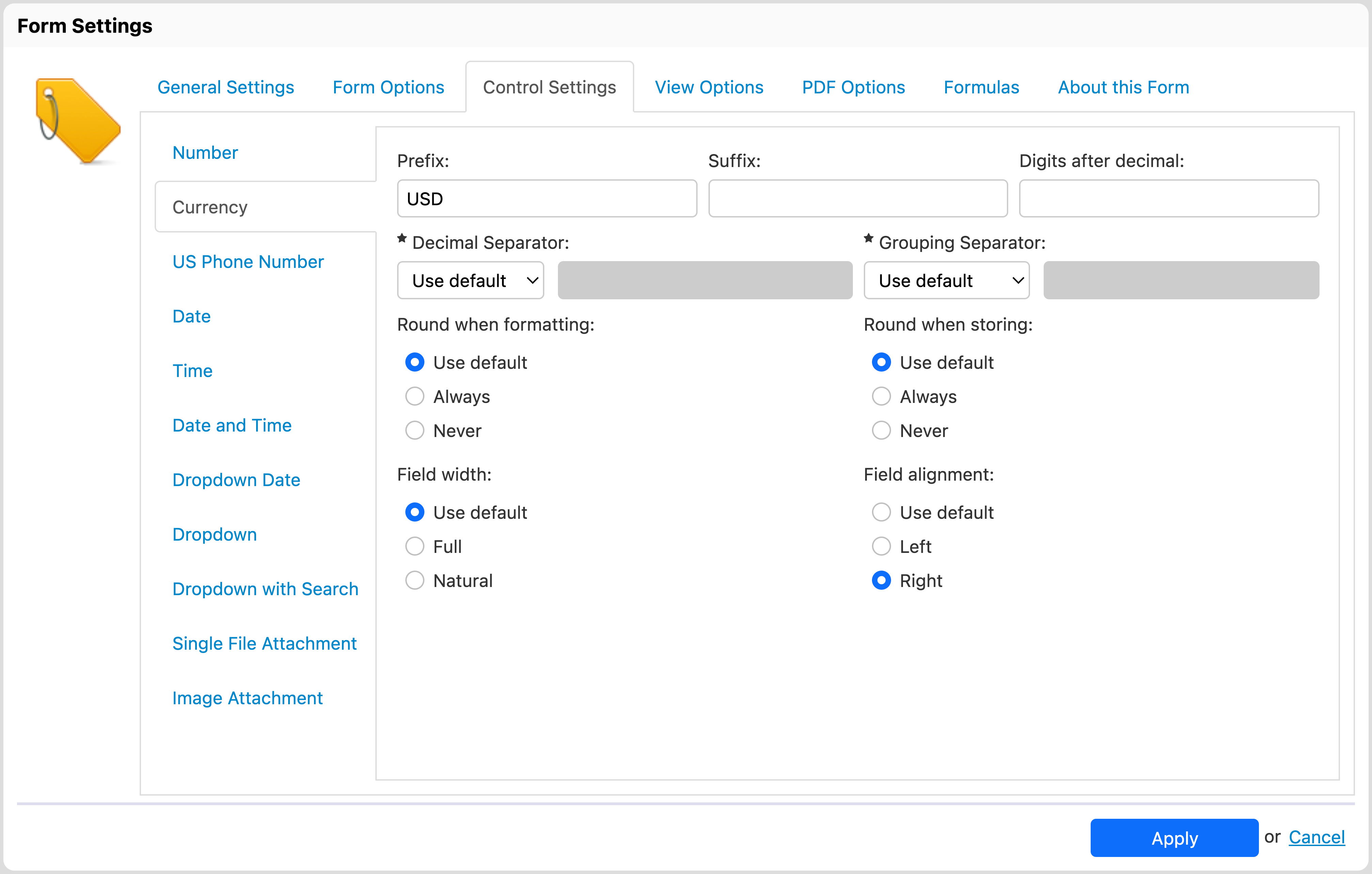 Field alignment form setting