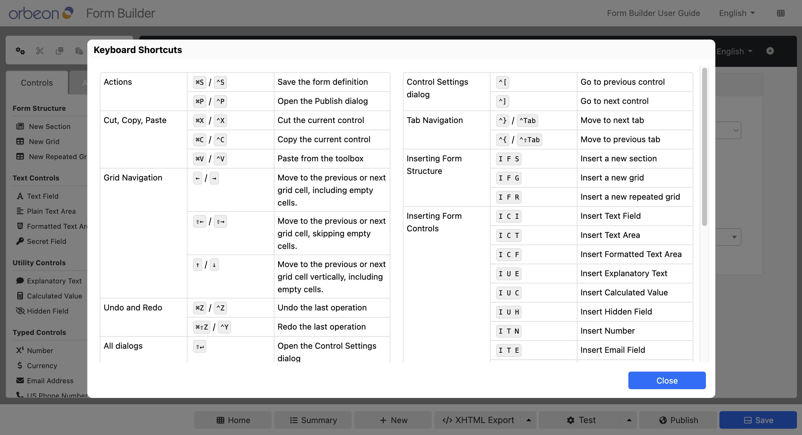 Form Builder Keyboard Shortcuts dialog