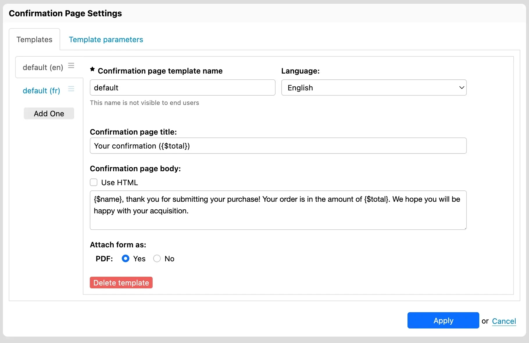 Confirmation Page Settings