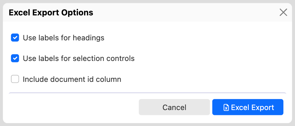 Excel export options dialog