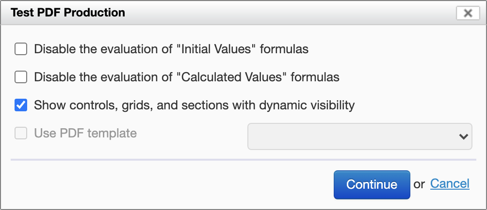 The Test PDF Production dialog