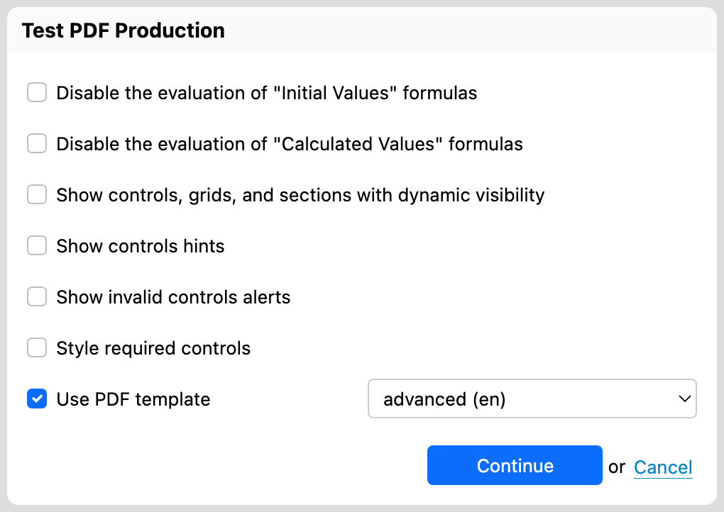 Selecting a PDF template for PDF testing