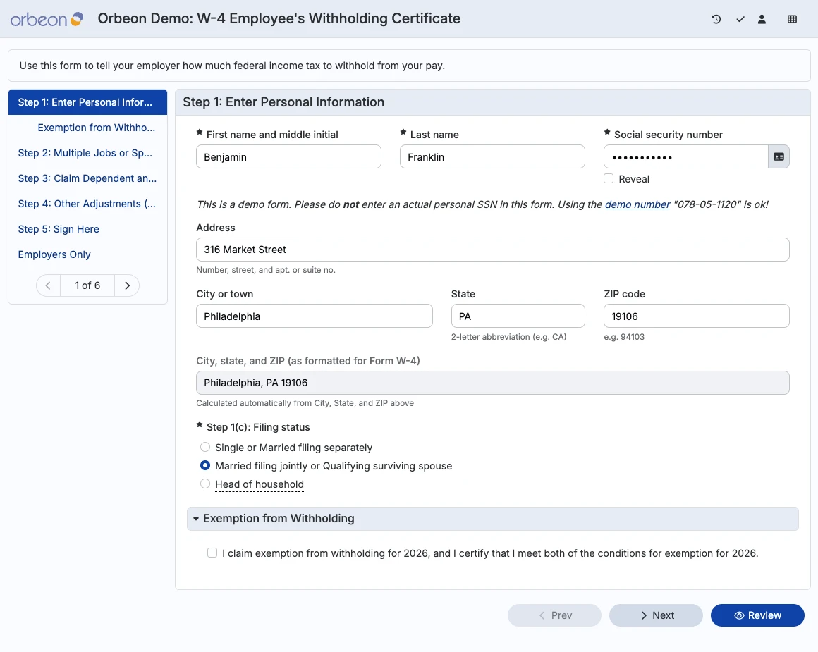 The W-4 sample form running in Form Runner
