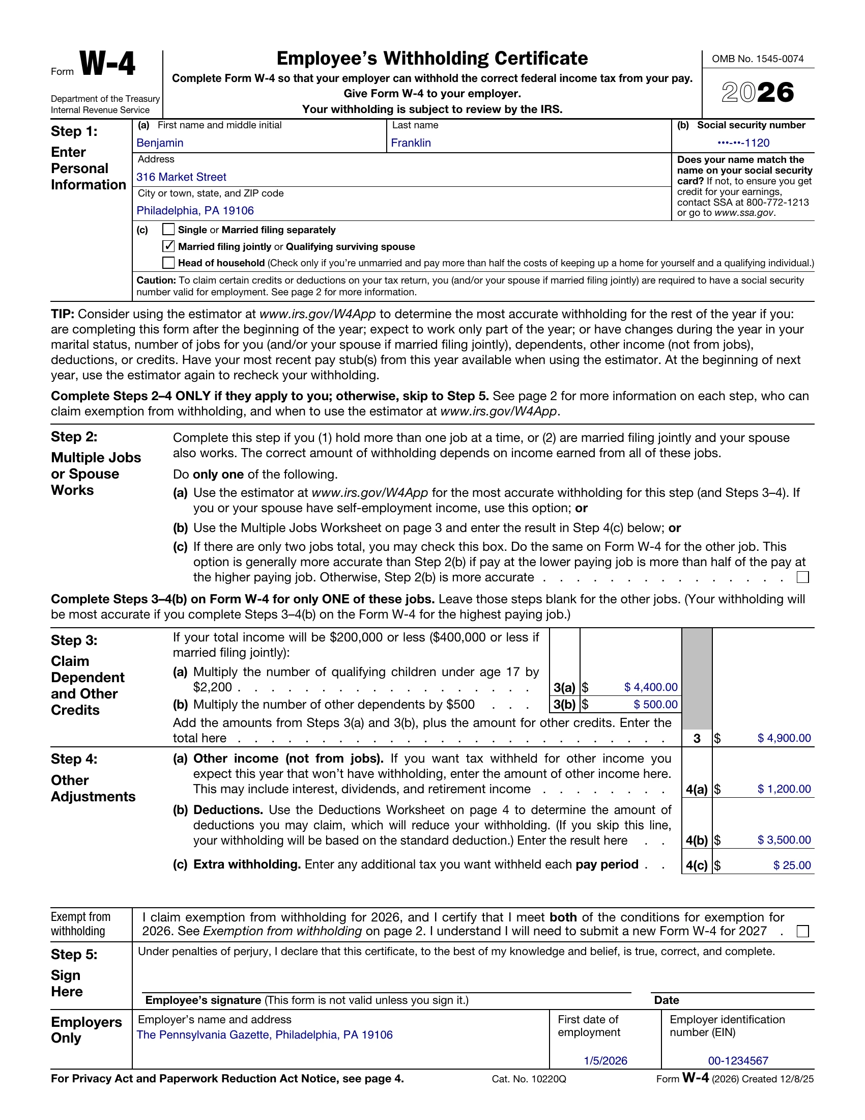 The filled IRS W-4 PDF generated from the form data