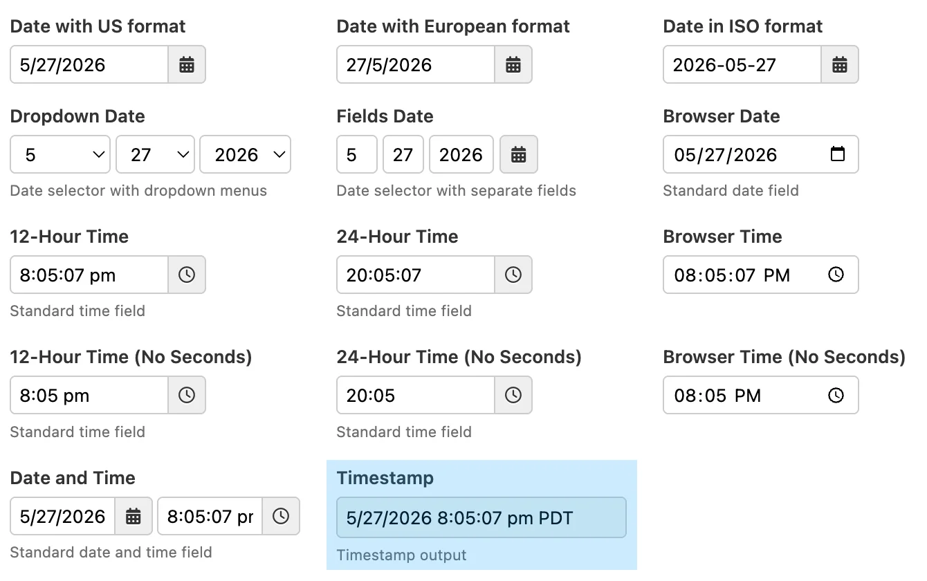 Date and time controls, including Timestamp