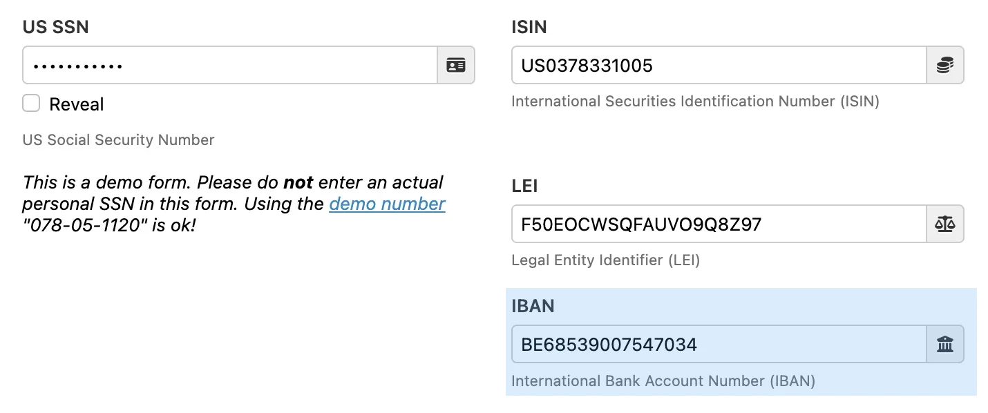 Validated form controls, including IBAN
